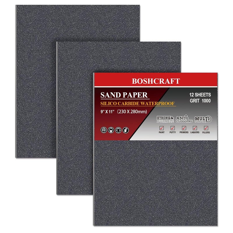 BOSHCRAFT 1000 Grit Silicon Carbide Sandpaper, Wet Dry Sandpaper Sheets, 9" x 11", 12 Sheets, Grey, Paper Backed, Compatible with Wood, Metal, Fiberglass, and Various Sanders - Image 1